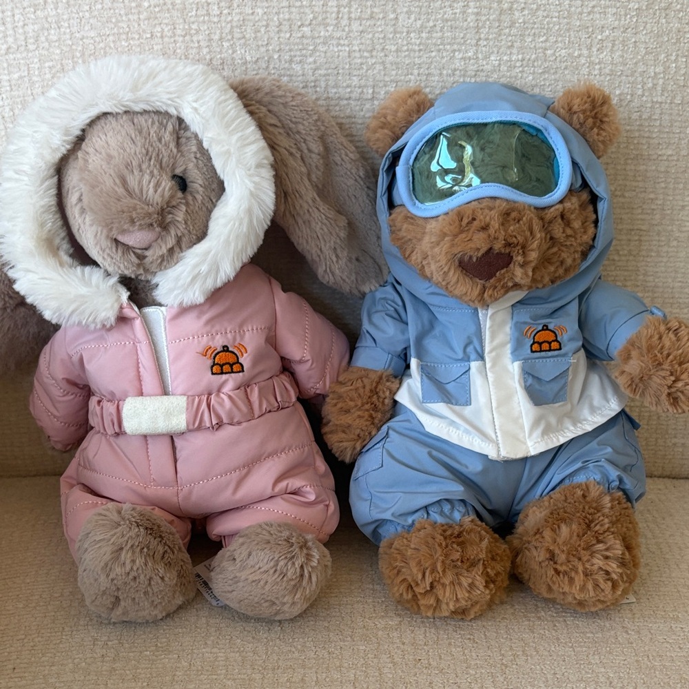 Jellycat Pink Bunny & Blue Bear Winter Ski Plush Set Bartholomew & Bunny